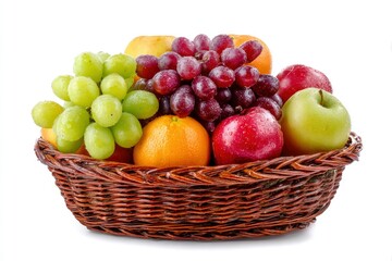 Wicker basket overflowing with apples grapes and oranges showcasing their vibrant colors and textures