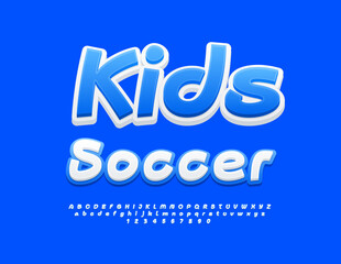 Vector Activity emblem Kids Soccer. White and Blue Cool Font. Bright Digital Alphabet Letters and Numbers set.