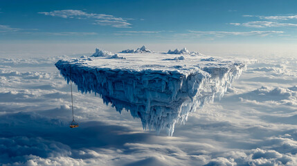A large, floating island in the sky, made of ice and snow, with an icy cliff on one side and a rope suspended