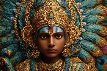 god Lord Murugan, wearing a peacock feather headdress and ornate golden armor with blue accents