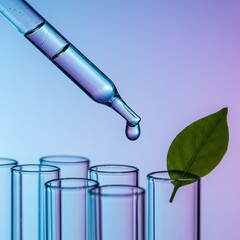 Dropper adding liquid to test tube with green leaf in laboratory research