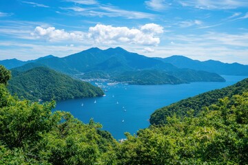 Serene Landscape of Mountains and Water Under Blue Sky