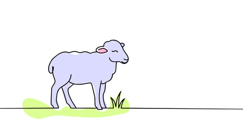 Sheep lamb in one continuous line drawing. Sheep icon. Lamb in the grass line art icon concept. Trendy sheep with grass single line draw design illustration. Vector illustration