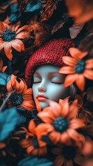 Naklejka premium Serene Sleep Porcelain Doll Amidst Autumn Blooms