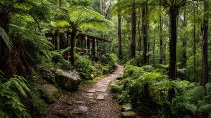 Obraz premium Tranquil forest path leads to a rustic cabin nestled amongst lush greenery