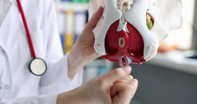 Gynecologist shows female pelvis anatomical model explaining reproductive system aspects. Woman uses hands to illustrate key points for education