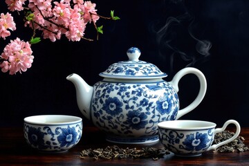 Elegant Blue and White Teapot with Floral Design and Steam Rising