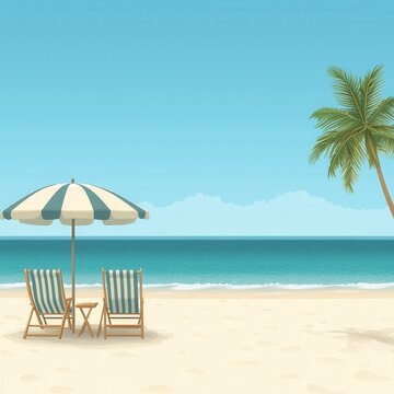 Relaxing Tropical Beach Scene with Sun Loungers and Umbrella