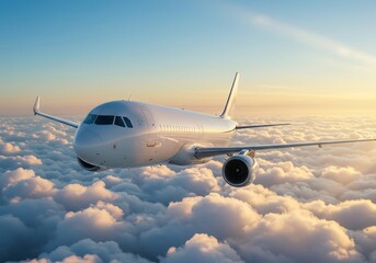 Fototapeta premium White Airplane Soaring Above Fluffy Clouds at Sunrise. Generative Ai