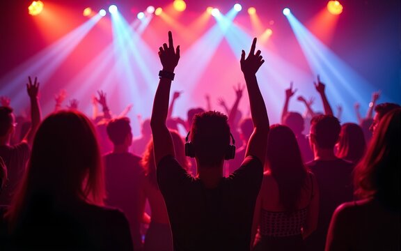 dj night club party rave with crowd in music festive. High quality