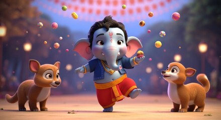 Naklejka premium 3d animated baby ganesha playing with sweets and two curious dogs in festive scene