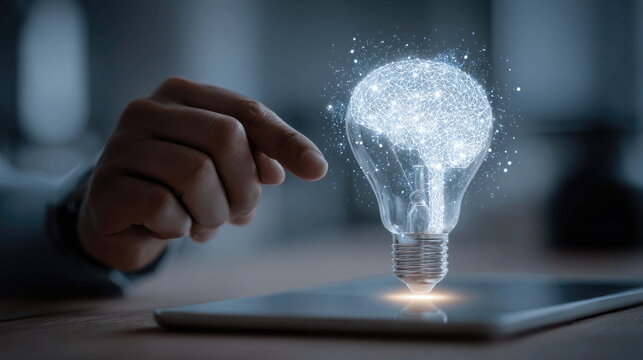 Creative brainstorming in a futuristic workspace with a glowing light bulb and digital representations of ideas Generative AI