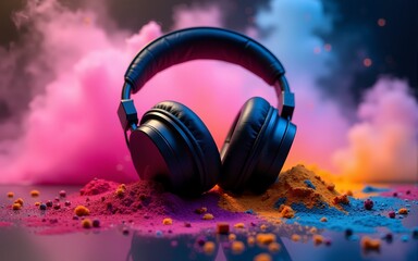 Headphone and vivid color powder. Creative music and festival concept. Generative Ai. High quality