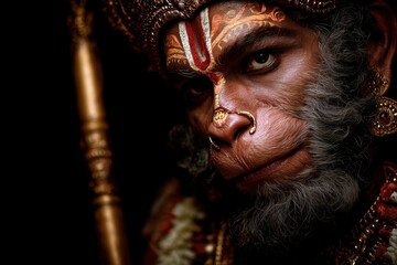 Close-up portrait of an Indian monkey god Hanuman, dark background