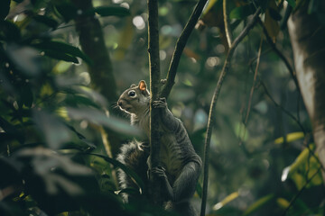 Squirrel showcasing agility and alertness in the deep European forest during cold climate in a natural wildlife setting