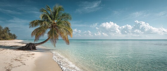 Tropical beach with leaning palm under serene sky and turquoise water for exotic travel banner