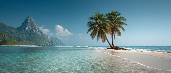 Tropical coastline with twin palm and mountain view in clear summer light for travel concept