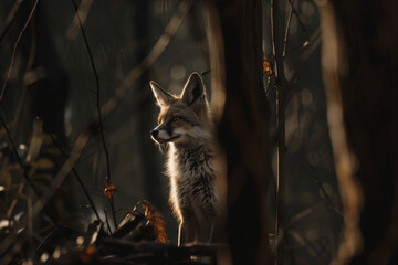 Fox using intelligence and stealth in forest habitat to seek prey and shelter during cold European woodland conditions