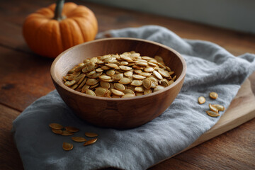 Halloween pumpkin seeds in a wooden bowl on a rustic table