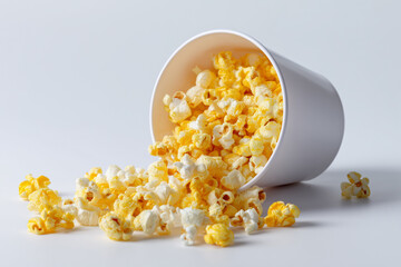 Delicious popcorn spilling from a white cup on a clean surface