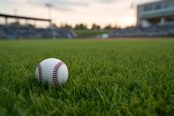 Baseball resting on green grass at a stadium during sunset