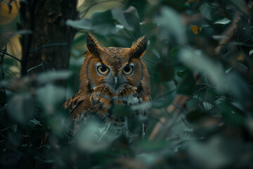 Owl navigating forest landscape in winter to seek food with high intelligence and silent hunting abilities during flight