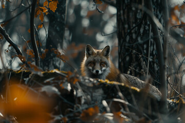 Fox hunting food in thick European forest vegetation while staying hidden and alert during cold and quiet winter season