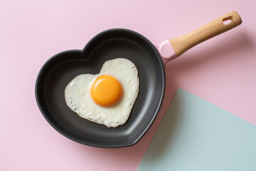 Heart-shaped fried egg in a pan on a pastel background