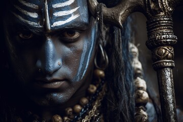 Portrait of Lord Shiva, with blue skin and black and white face paint, holding his trident in hand