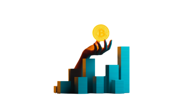 Hand holding glowing digital coin above stacked bars, minimal modern collage style, PNG - Powered by Adobe