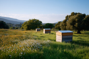 Beehives in a blooming meadow during golden hour