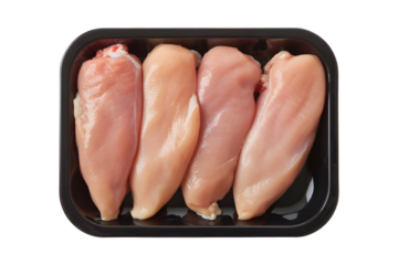 Four raw chicken breasts in a tray isolated on transparent background