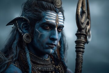 Close-up of Shiva with flowers in his hair, holding the Trishul weapon on one shoulder