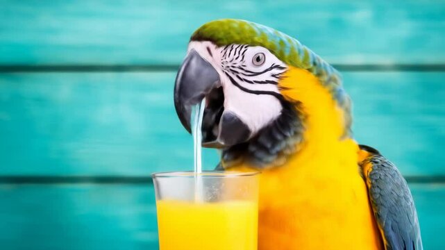 Blue and Gold Macaw with Tropical Juice - A vibrant blue and gold macaw sits next to a glass of orange juice, a straw in the glass, against a turquoise wooden background.