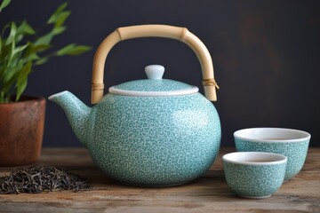 Elegant Teapot with Bamboo Handle and Two Teacups on Wooden Table