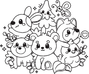 A fun and whimsical black and white doodle artwork showing a group of cute cartoon characters, including a smiling star, a frog, a flower, and other imaginative creatures.