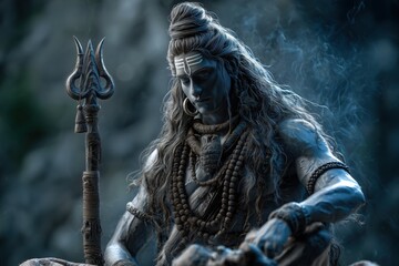 hindu god Shiva, long hair and moustache with trident in hand and sitting