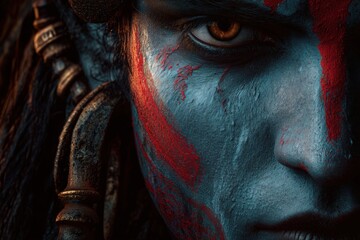 Portrait of Lord Shiva, with blue skin and red face paint