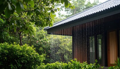 Rainy Day House Exterior With Lush Garden