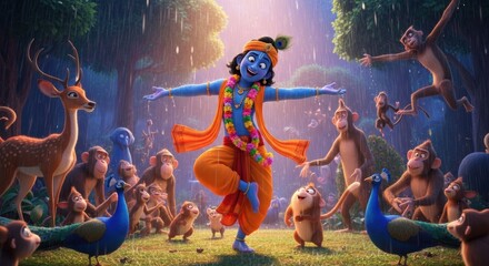 Fototapeta premium Animated depiction of joyful blue deity dancing in forest surrounded by animals and monkeys under sunlight in rain