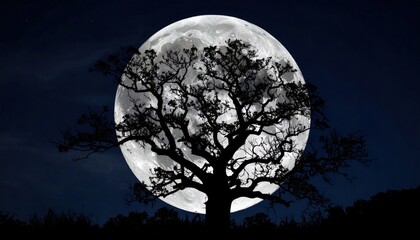 Full Moon Behind Silhouette Tree At Night