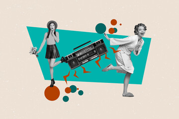 Pop collage of people dancing with boom box recorder on pastel teal color background