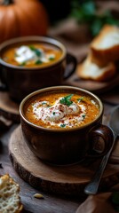 Creamy Pumpkin Soup in Rustic Bowls with Crusty Bread