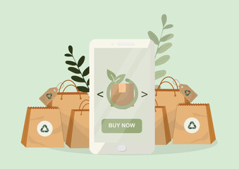 Sustainable mobile shopping app with recyclable bags and eco friendly interface. Green e-commerce concept ideal for digital retail marketing and online commerce presentations. Vector illustration