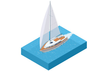 Isometric sailing yacht moving on blue water. Sailboat has a large white sail, a wooden deck, and is leaving a wake behind as it sails. Concept of travel, luxury, marine transport, or summer vacation.