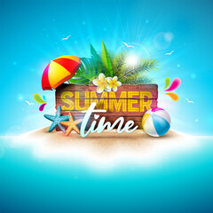 Summer Time Holiday Banner Design with Flower, Beach Ball and Typography Lettering in Vintage Wood Board on Tropical Island Background. Vector Vacation Illustration with Sunshine for Flyer, Invitation