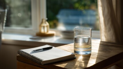 Glass Of Water Next To Notepad