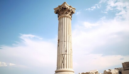 Ancient Stone Column Against Cloudy Sky