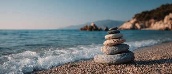 Balanced pebble tower on a sunlit beach with ocean wave and peaceful summer mood, banner
