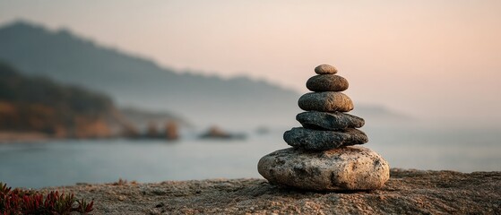 Stone stack on seaside cliff during golden hour with gentle light and tranquil mountain background